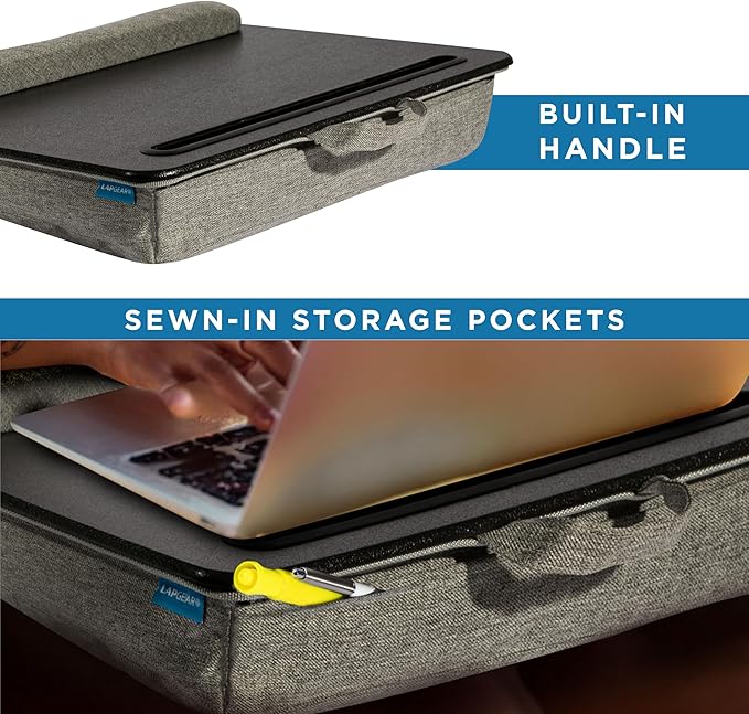 LAPGEAR Portable Laptop Lap Desk with Pillow Cushion, Anti-Slip Strip, Tablet or Phone Storage Slot, Pen and Pencil Pocket, and Wrist Rest - Black - Fits up to 15.6 Inch Laptops - Style No. 91348