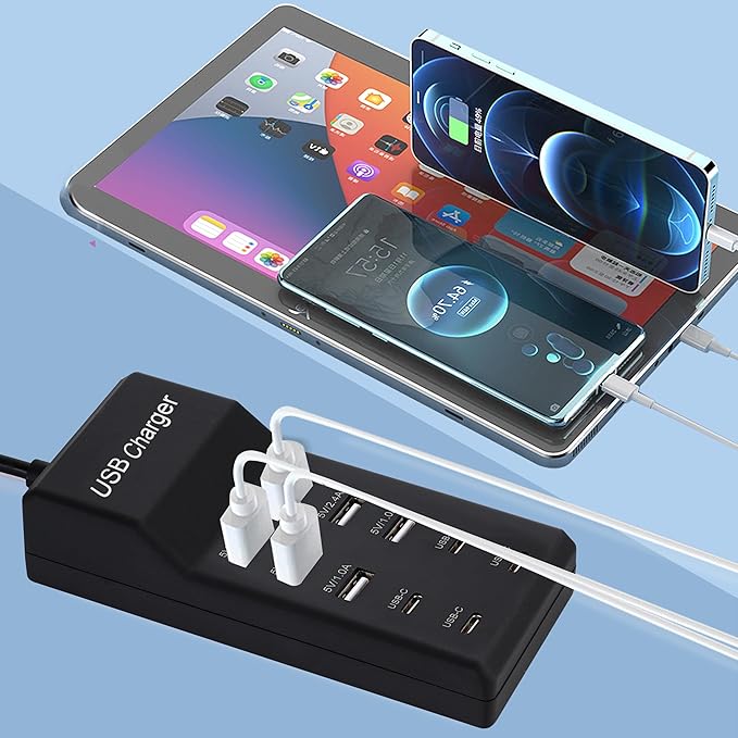 USB Charger,50W USB Charging Station with 10-Port (6 USB-A Port & 4 USB-C Port) Compatible with iPhone 15/14/13/12/11/X/8/7/6 Phones, Watch,Tablets, Smartphones Black