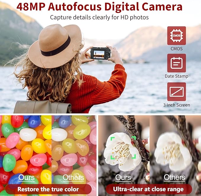 4K Digital Camera for Photography Autofocus, 48MP Vlogging With Flash Anti-Shake, 3'' 180 Flip Screen Compact Travel 16X Zoom for Teens With 32G Card, Battery Charger