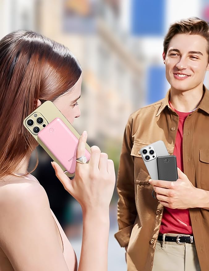 miisso Ultra Slim 10000mAh Power Bank Built-in Cables and Foldable AC Wall Plug, Pocket Size USB C Portable Charger, External Battery Pack Compatible with iPhone Samsung, 2 Pack Black & Pink