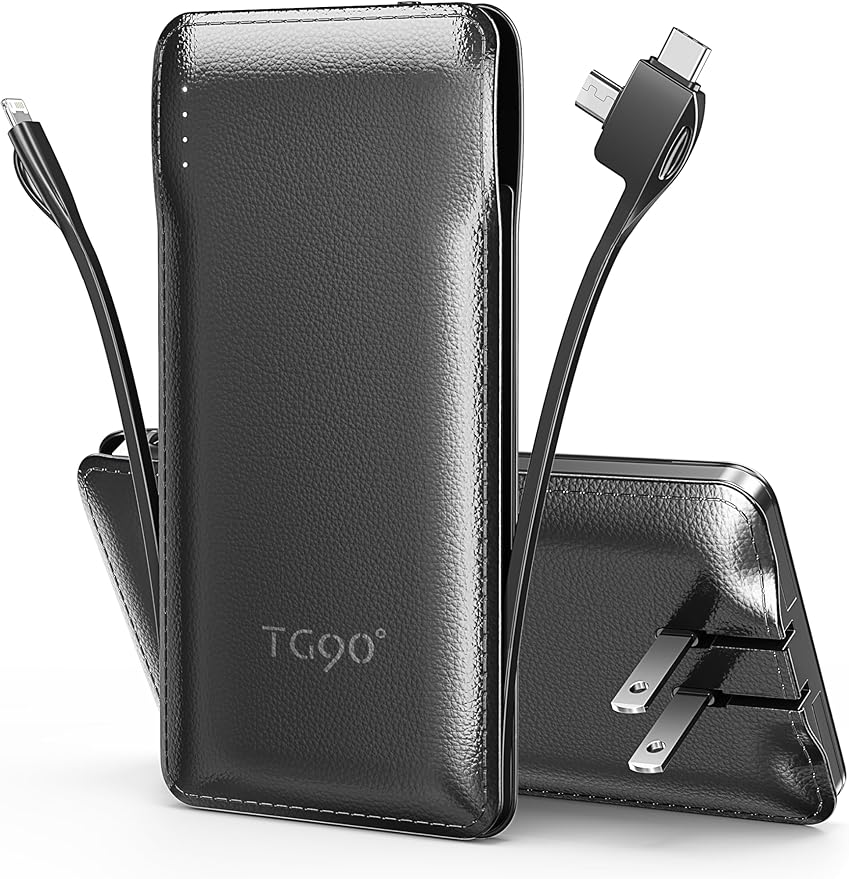 TG90° 10000mAh Portable Charger with Built-in AC Wall Plug and Cables, Ultra Slim USB C Power Bank External Battery Pack Compatible with iPhone and Android Phones