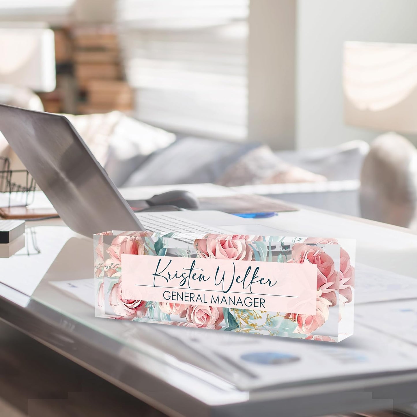 Custom Name Plate for Desk | Personalized Desk Name Plate | Personalized Boss Employee Appreciation Gifts | Acrylic Name Plate Office Desk Accessories (C-Pink Rose)