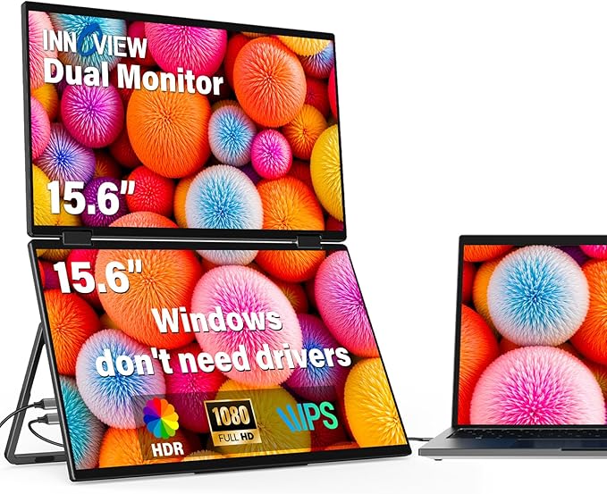 InnoView Laptop Screen Extender 15.6" Dual Portable Monitors Built-in Speakers 1080P FHD Stacked Folding Triple Monitor HDMI USB-C Portable Dual Monitor for Laptop Windows Mac (No Driver Needed)