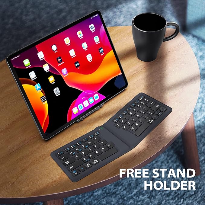 iClever Folding Keyboard, BK06 Foldable Bluetooth Keyboard with PU Leather Cover, Ergonomic Design, Tri-Device Connection, USB-C Charge – Portable Travel for iPhone, iPad, Tablet, Laptop