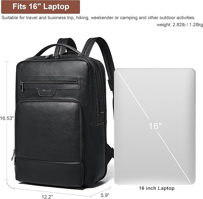Shrrie Leather Laptop Backpack for Women and Men,28 L Travel Backpack Computer Bag Fits 16 inch Laptop,Expandable Casual Daypack with USB Charging Port for Work Business Weekender College,Black