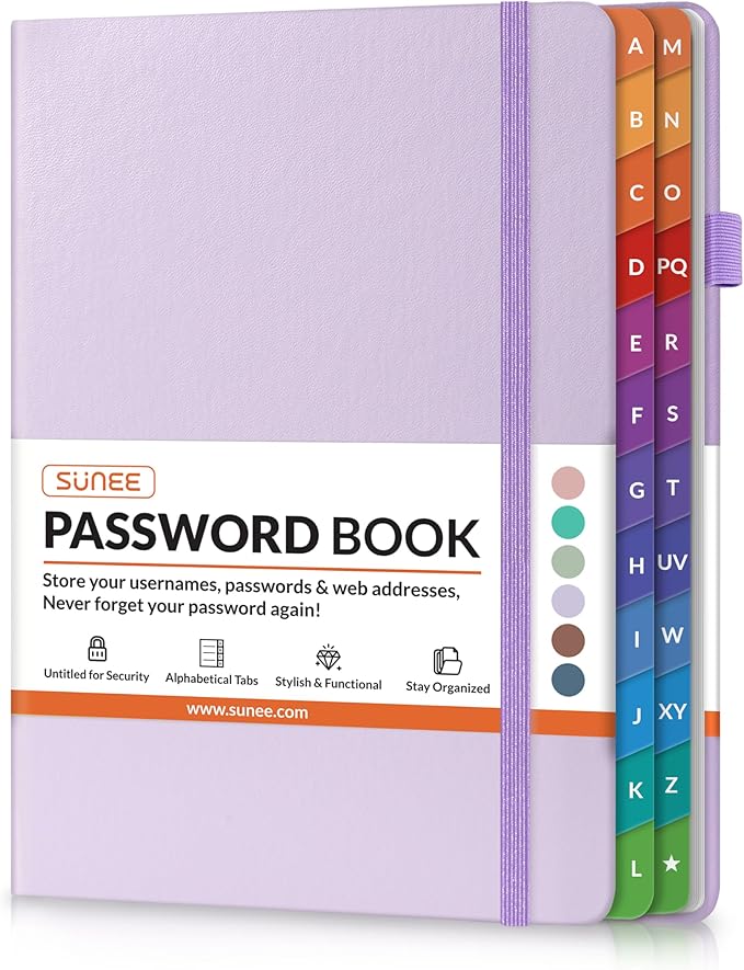 SUNEE Password Book with Colorful Alphabetical Tabs, Password Books for Seniors, Password Keeper Book for Computer and Internet Address Website Login, 5.3''x 7.7''- Purple