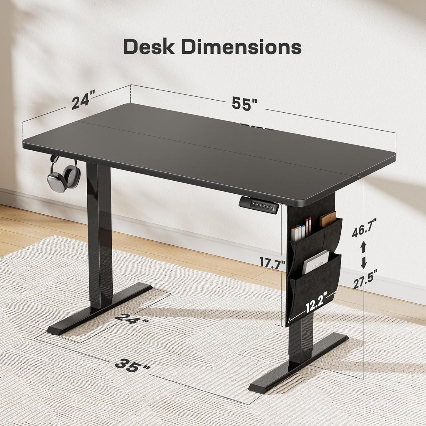 HUANUO Electric Standing Desk, 55 x 24 Inch Height Adjustable Computer Desk with Storage Bag, 4 Height Memory Settings, Sit Stand Up Desk for Home Office, Deep Black