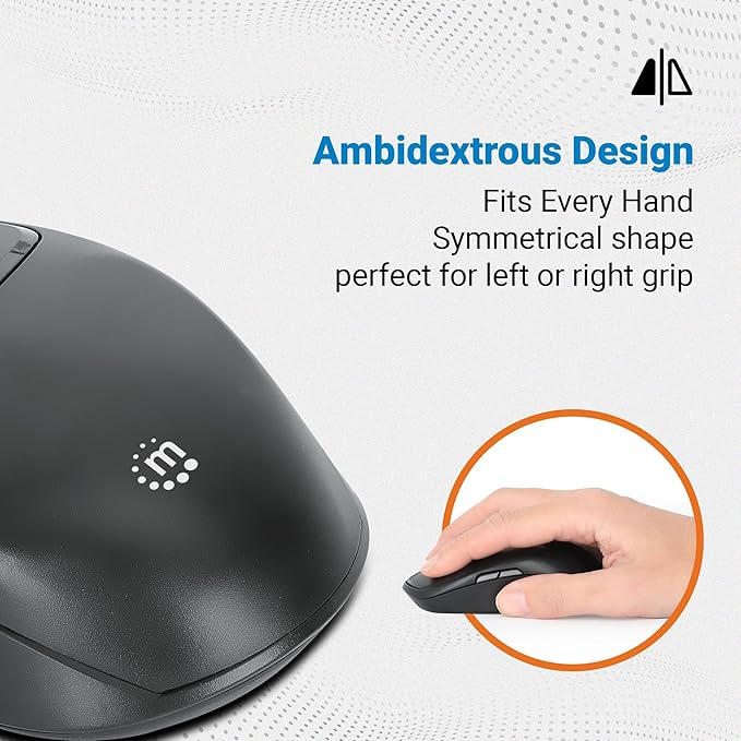 MANHATTAN Wireless Compact Travel Mouse – 2.4 GHz RF, 800/1200/1600 dpi, Six Buttons with Scroll Wheel, USB-A & USB-C 2-in-1 Receiver Dongle – for Laptop, Computer, PC -3 Yr Mfg Warranty–190244