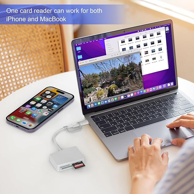 SD Card Reader for iPhone, 4 in 1 USB C and Lightning to CF/SD/MS/TF Card Adapter Memory Card Reader for Camera Adapter Trail Game Camera Viewer for iPad Macbook Plug and Play No App Required