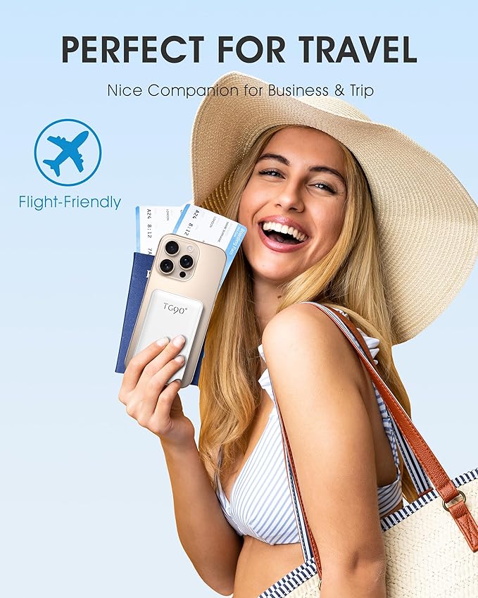 TG90° Portable Charger with Built-in Foldable AC Wall Plug and Cables,5000mAh Slim Power Bank USB C Battery Pack,3 Outputs Pocket Friendly Battery Charger Compatible with iPhone Android Smart Devices