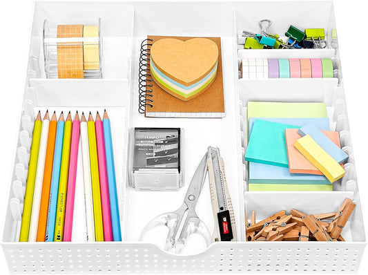 CAXXA 3 Slot Drawer Organizer with 4 Adjustable Dividers - Junk Drawer Storage for Makeup & Vanity, Office Desk Supplies and Accessories (WHITE, 1 PACK)