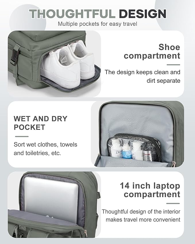 VECAVE Travel Backpack,Carry On Backpack for Women,Airline Flight Approved Waterproof 14 Inch Laptop Backpack with Shoe Compartment Casual Daypack Backpacks DarkGreen.