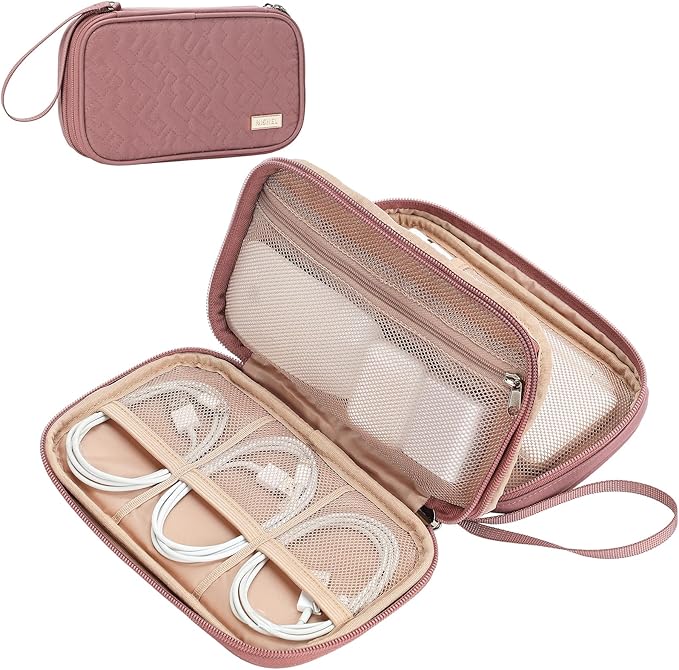 NISHEL Travel Cord Organizer Case, Double Layers Tech Electronic Bag, Essentials for Charger, Cable, Phone, Flash drive, Rose-wood Pink
