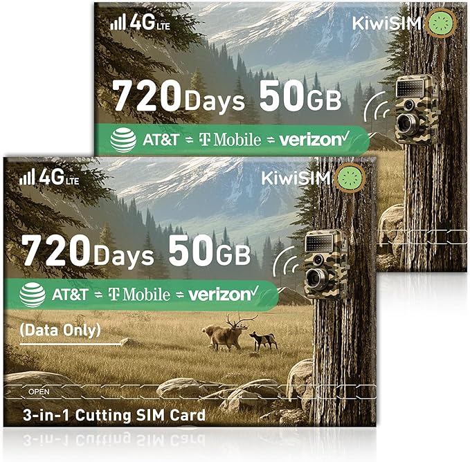 2PCS LTE IoT Data SIM Card 50GB 2 Years for Trail Camera & Security Camera,Prepaid SIM for Wildlife Camera, 3-in-1 SIM Kit with AT&T/T-Mobile/Verizon Coverage, No Contract & Auto Network Switching