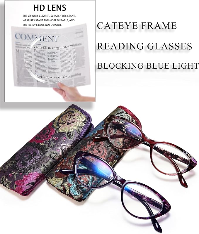EYEURL Cat Eye Reading Glasses for Womens 2 Pack of Blue Light Blocking Readers +2.75 Spring Hinge Vintage Computer Eyeglass with Colorful Pattern Design