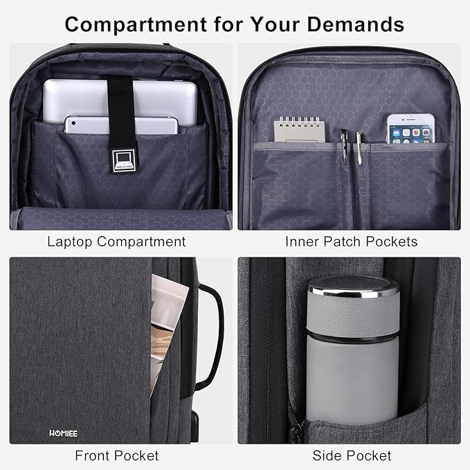 HOMIEE 30L Travel Laptop Backpack for Men Women, 15.6 Inch Expandable Backpack with USB Charging Port, Water Resistant Business Work College Bag, Grey
