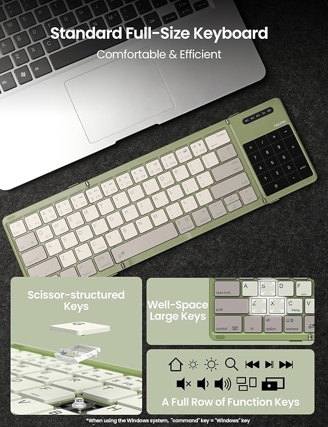Nillkin Foldable Travel Keyboard with Touchpad & Number Pad, Bluetooth Wireless Portable Folding Full Size Keyboard with Trackpad for PC Laptop iPad Tablets Smartphone, Silicone Leather Cover, Green
