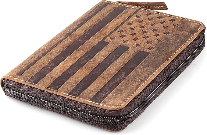 Passport Wallet - Travel Document Holder w/RFID Blocking – Full Grain Leather – Bifold compact zip around Wallet with Credit Card Slots for Women and Men, brown flag, 500-32