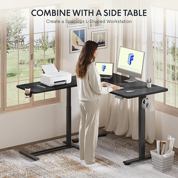 FLEXISPOT H7 Adjustable Overbed Bedside Table with Wheels Pneumatic Mobile Standing Desk Laptop Desk Rolling Computer Cart Movable Overbed Tables Hospital Home Use(27.6" W x 15.7" D, Black Table)