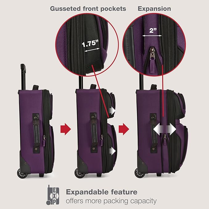 U.S. Traveler Rio Fabric Expandable Carry-on Luggage, Rolling Suitcase, Purple, 2 Wheel Set