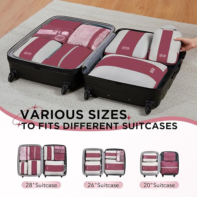 8 Set Compression Packing Cubes for Travel Essentials,Compressible Expandable Packing Cubes for Suitcase,OlarHike Luggage Organizer Bags for Travel,Handy Helper for Organizing Clothes(Wine Red)