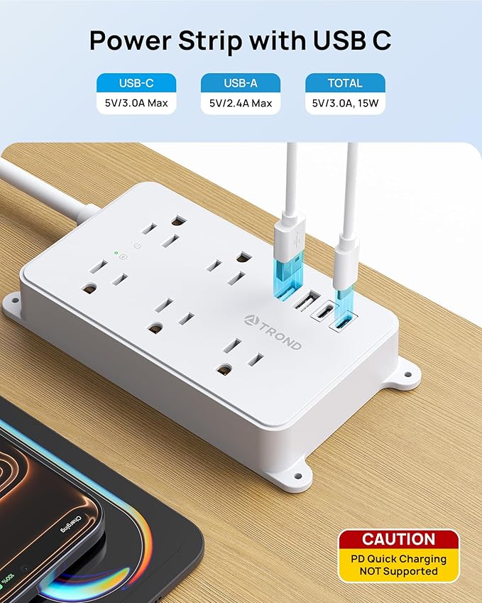 TROND Power Strip with USB, Surge Protector Flat Plug with 5 Widely-Spaced Outlets and 4 USB Ports, ETL Listed, 1300J, Wall Mountable, 5ft Extension Cord, for Office Kitchen, White