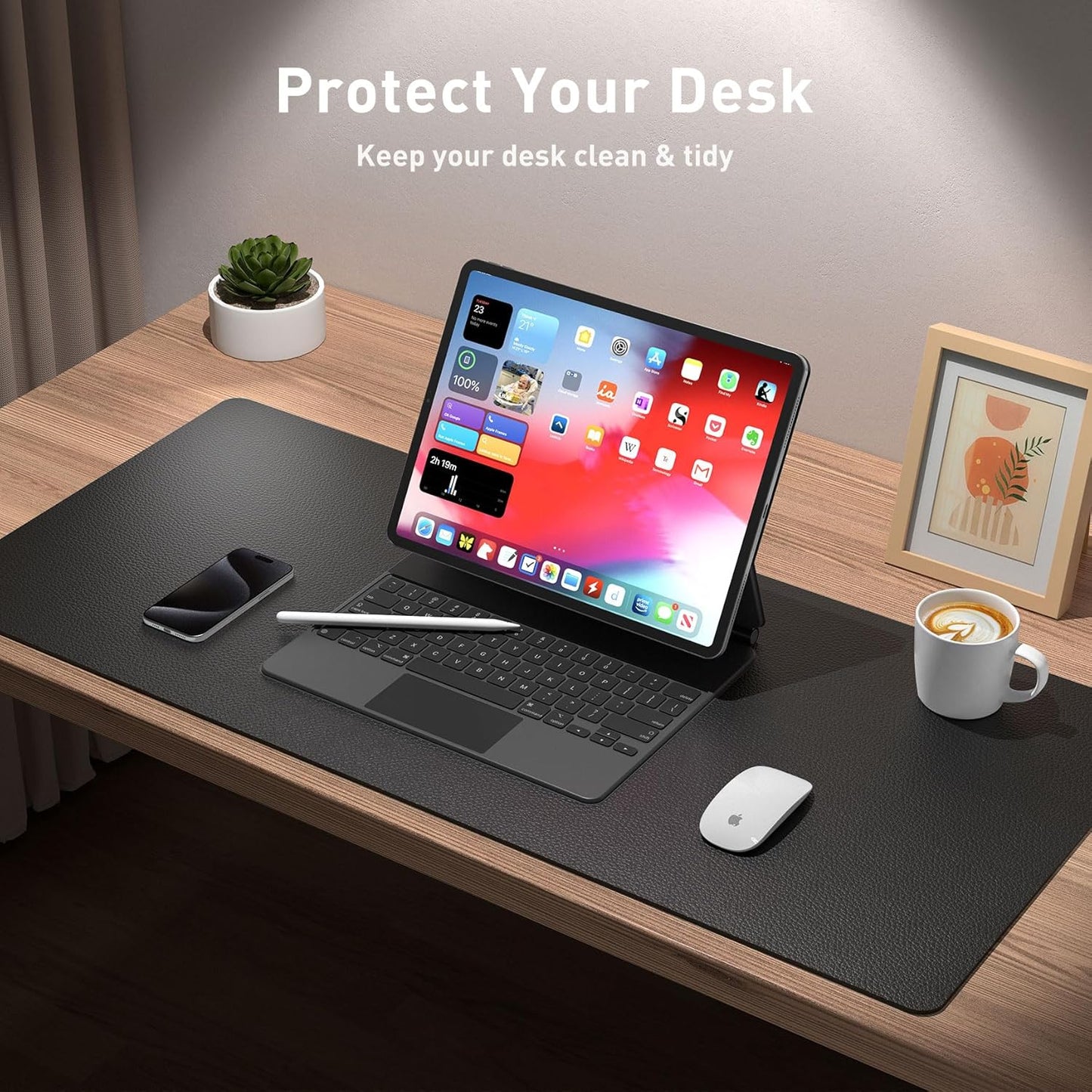 Aothia Leather Desk Pad Protector, Mouse Pad, Office Desk Mat, Non-Slip PU Leather Desk Blotter, Laptop Desk Pad, Waterproof Desk Writing Pad for Office and Home (48"x17", Black)