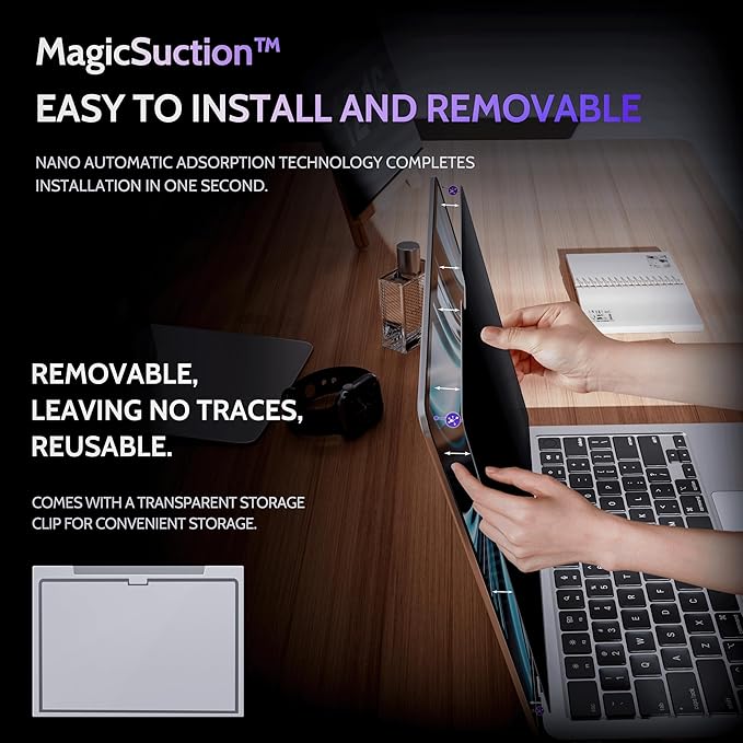 Privacy Screen for MacBook Air 13.6/13 Inch (2022-2025, M2, M3, M4) - A2681, A3113, A3240 MagicSuction™ Removable Anti Spy Black Protector, Glare Blue Light Filter for Mac Laptop Computer