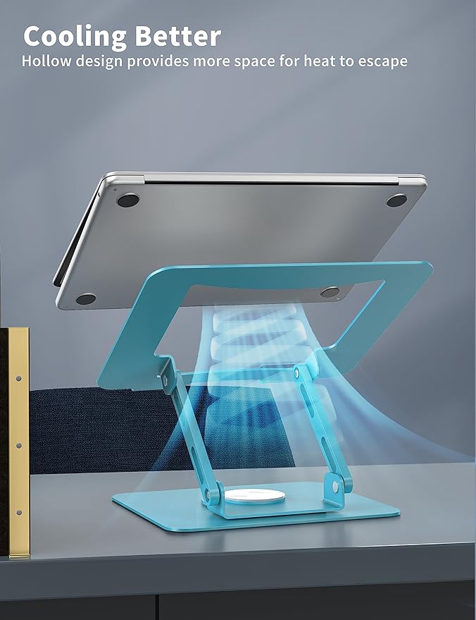 SOUNDANCE Laptop Stand with 360° Rotating Base, Ergonomic Computer Riser for Desk, Adjutable Height Muti-Angle, Foldable Laptop Mount, Stable Metal Holder Support 10-15.6" Notebook PC, Blue