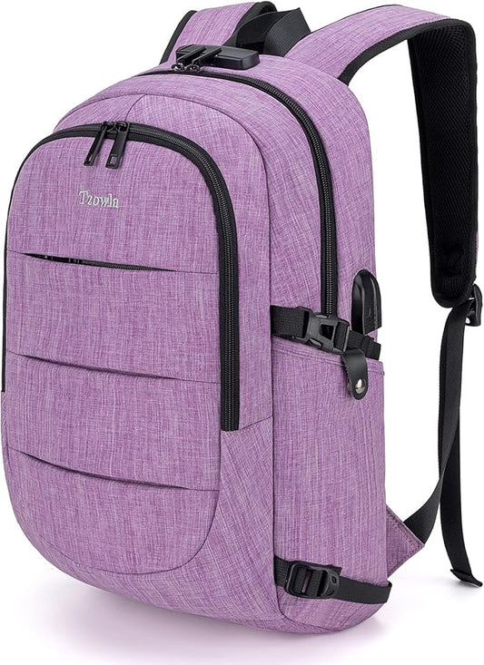 Tzowla Business Laptop Backpack Water Resistant Anti-Theft Backpack with USB Charging Port and Lock 17.3 Inch Computer Backpacks for Women, Casual Hiking Travel Daypack(Purple)