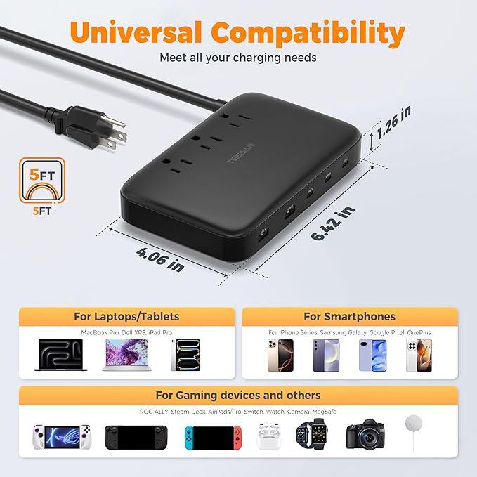 PD 130W Charging Station for Multiple Devices, TESSAN 8-in-1 USB C Charger Block Compatible with iPhone 16/15, MacBook, Tablet, Charging Dock with 3 USB-C, 2 USB-A & 3 AC, Home Office Accessories