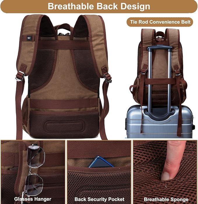 Mactso Canvas Travel Laptop Backpack for Men Women, Business Work Rucksack College School Computer Bag Fits 15.6 Inch Notebook,Bookbag with USB Charging Port (Coffee, 15.6 Inch)