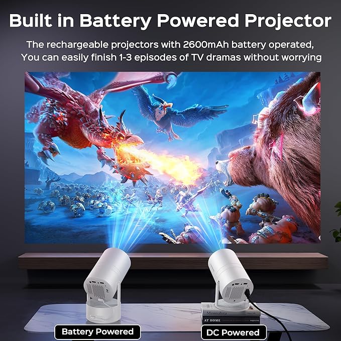 Mini Projector with WiFi & Bluetooth, Auto Keystone & Electric Focus, 270° Rotation Rechargeable Portable Outdoor Projector, Native 1080P 4K Supported for Home Theater & Camping