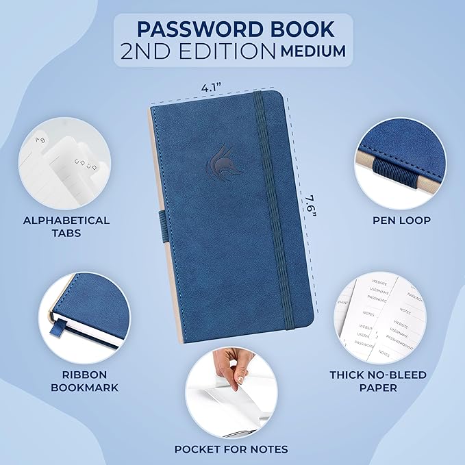 Clever Fox Password Book 2nd Edition – Hardcover Password Keeper with Alphabetical Tabs – Internet Address Notebook & Login Details Organizer Journal – 4.1x7.6” (Smoke Blue)