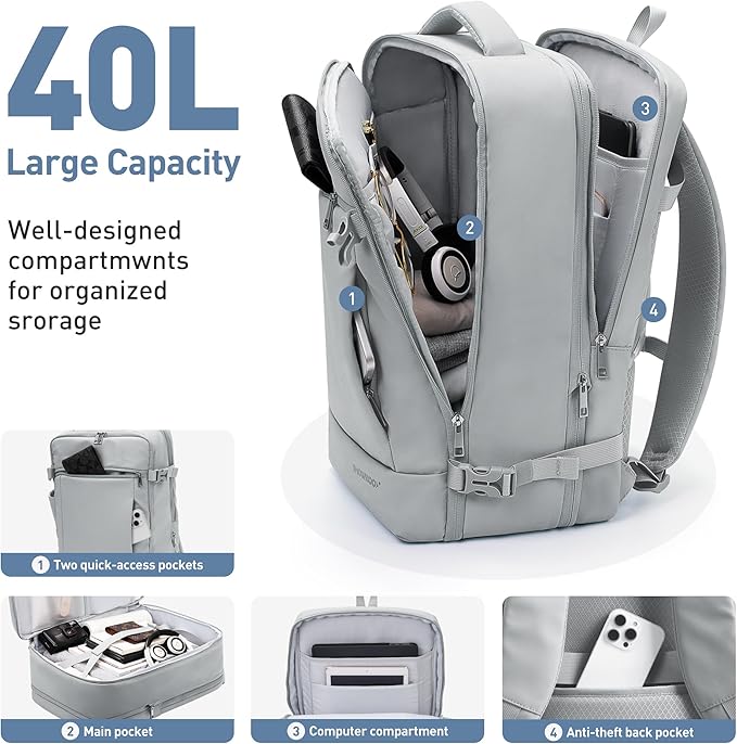 SHOWKOO 40L Travel Backpack for Men & Women, Airline Approved Carry On Laptop Backpack Fits 17.3", Waterproof Personal Item Bag Expandable Large Capacity Weekender Backpack