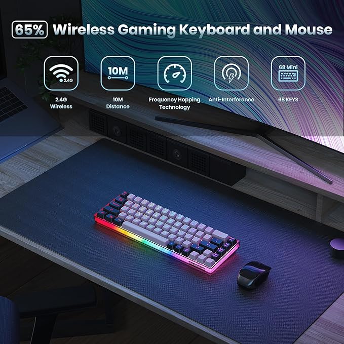 65% Wireless Gaming Keyboard, LED Backlit Gaming Keyboard, 68 Keys Ultra-Compact Anti-ghosting No-Conflict Wireless Keyboard for PC Laptop Windows Gamer(Pink-Black)
