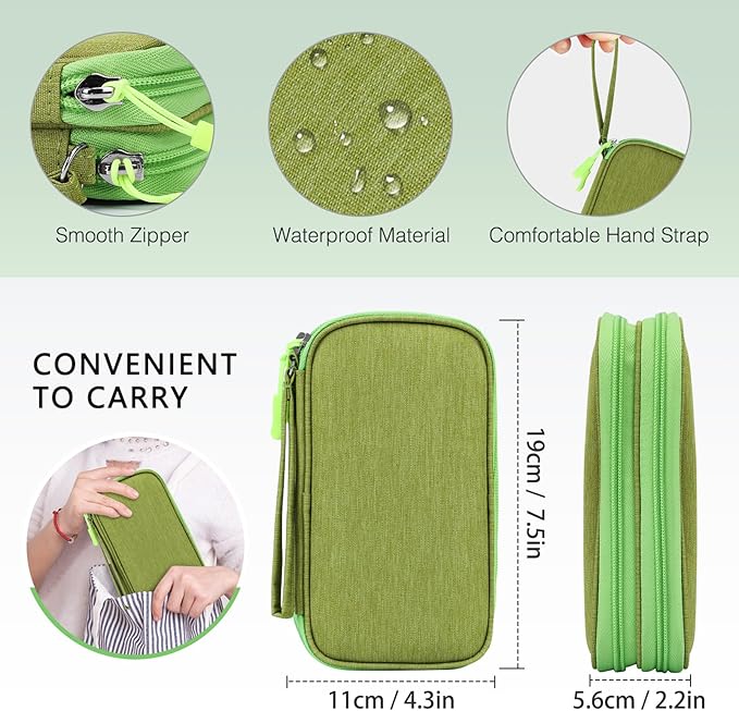 Skycase Pencil Case Zipper Pouch Aesthetic for Office Stationery Organizer - Double Layers Cord Organizer Traveling, All-in-One Waterproof Pencil Pouch for Teen Boys, Men adults,Light Green