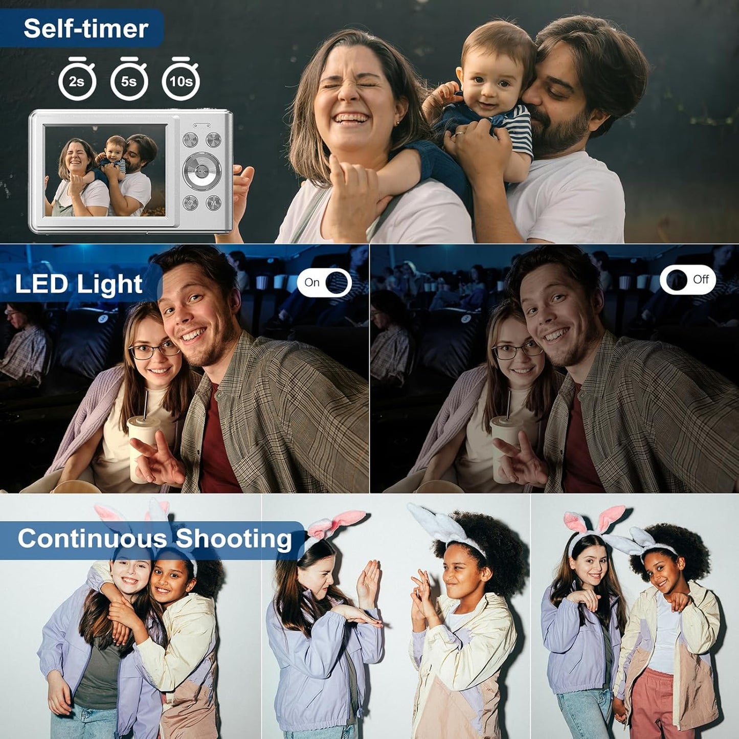 Digital Camera,Autofocus 1080P kids Camera, 56MP Protable Point and Shoot Camera with 8X Zoom, Anti-Shake, Small Compact Camera Gift for Teens Adult Beginner with two batteries, 32GB memory card-Black