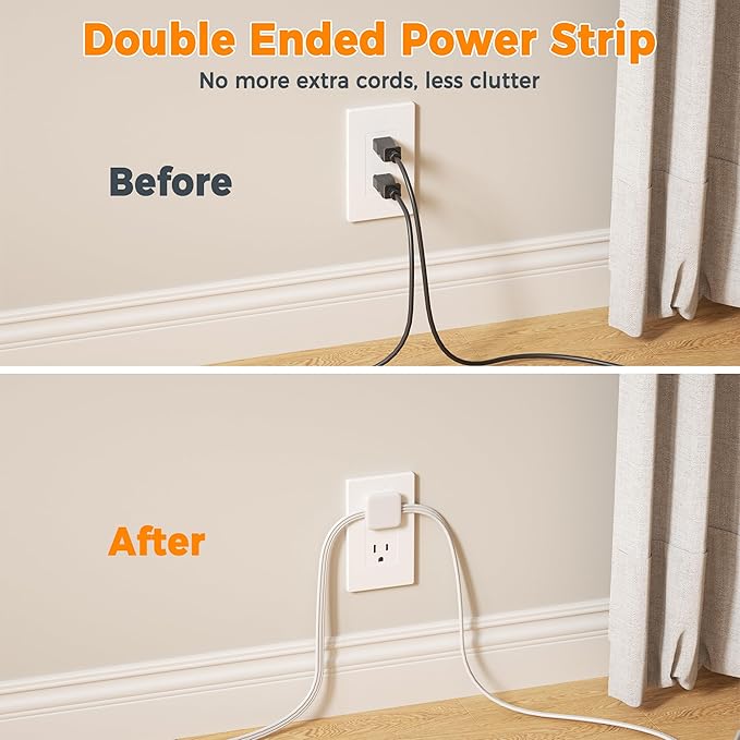 TESSAN Twin Extension Cord 12 FT, Double Ended Flat Plug Surge Protector Power Strip, 3 Non Blocking Outlets 6 Feet Power Splitter Each Side, Dual Split Outlet Extension for Home Office Dorm Room