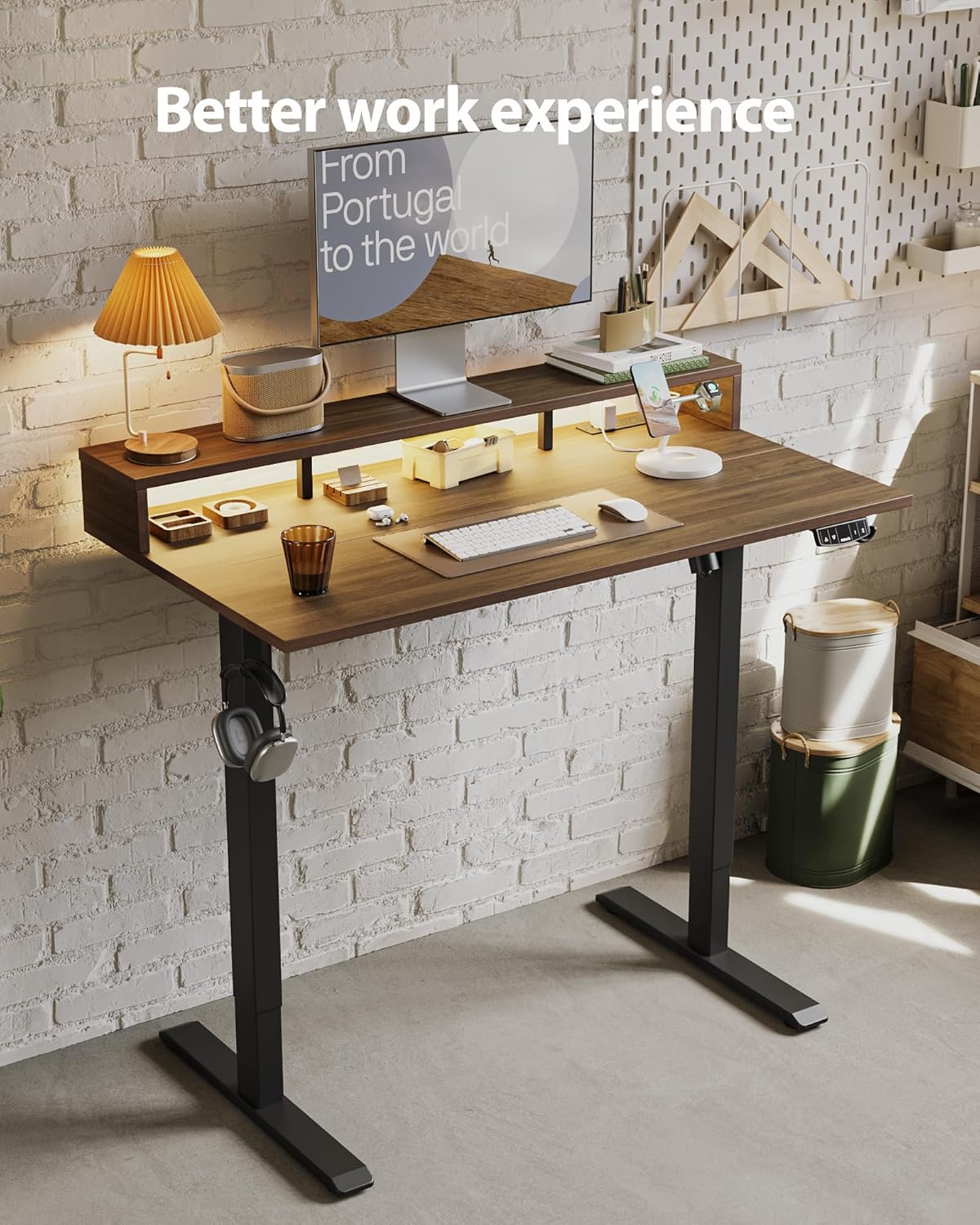 Electric Height Adjustable Standing Desk with Power Outlet and LED Light Strip, Sit to Stand, Ergonomic 48x24 Rising Desk with Memory Presets, Home Office Workstation, Computer Gaming Table, Walnut