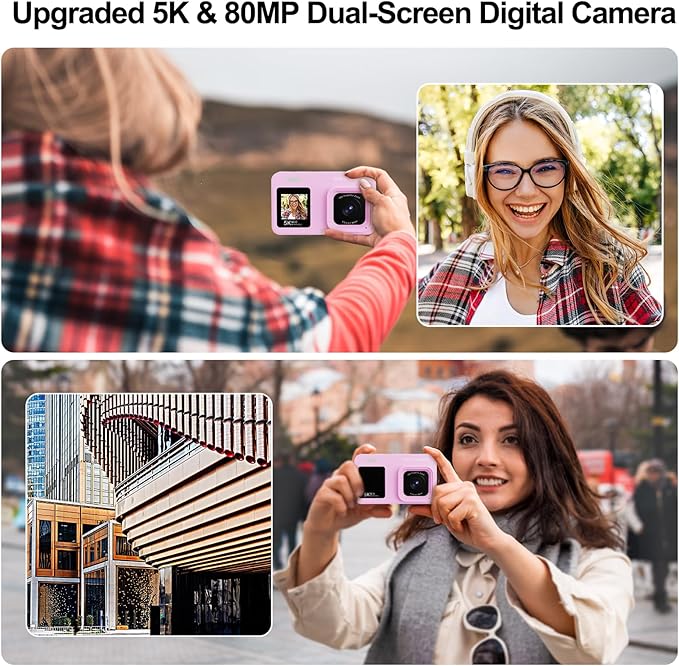 Upgraded 5K Dual Screen Digital Camera,80MP Vlog Photography Camera for YouTube,Campus,Travel,Compact Point & Shoot Camera for Teens & Beginners with Autofocus,18x Zoom,Anti-Shake,Purple