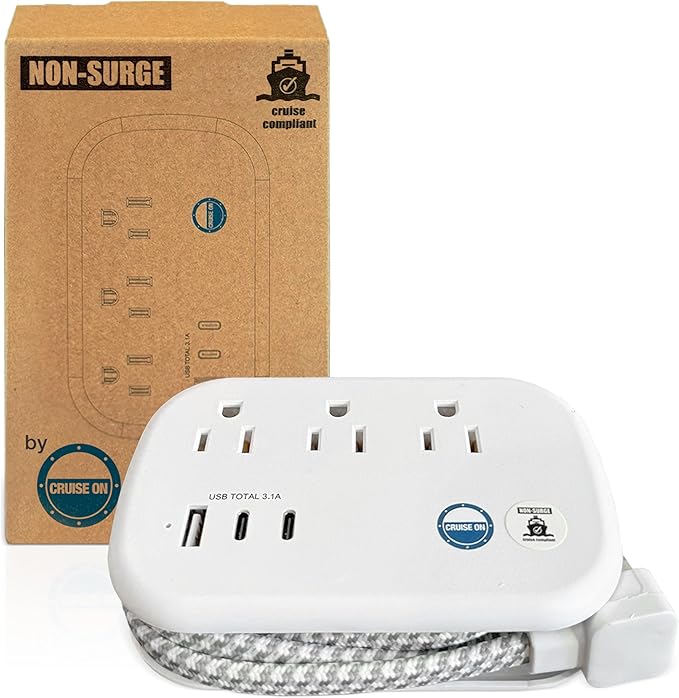 Cruise Approved Power Strip Non Surge Protector - 3.3 ft Wrapped Travel Extension Cord, 2 USB-C, 1 USB, 3 AC Outlet, Cruise Ship Essentials for Carnival, Princess & Major Lines 2025 & 2026