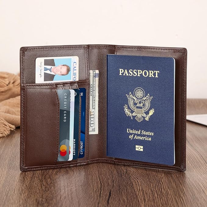 Polare Slim RFID Blocking Leather Passport Holder Travel Bifold Wallet For Men (Coffee)
