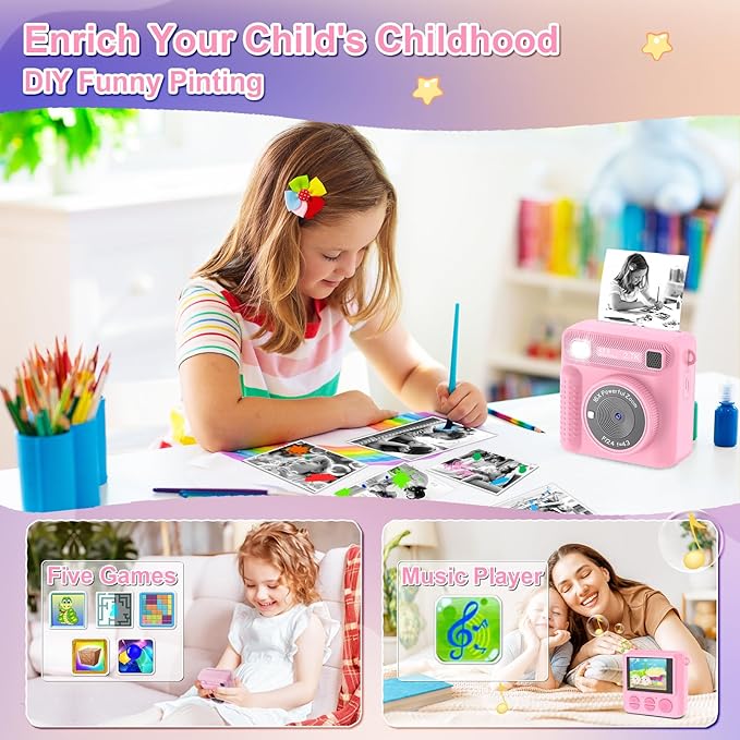 Kids Instant Print Camera - Christmas Birthday Gifts for Girls Boys, Instant Cameras That Print Photos for 4 5 6 7 8 9 10 Year Old Girl Birthday Gift with 32GB SD Card