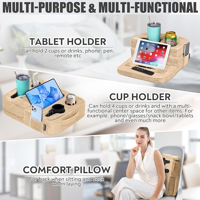 Couch Cup Holder Tray Pillow - Bed, Couch Caddy, Sofa, RV & Car - Holds Drinks, Snacks, Remotes, Phones, Kindle, Tablet | Bed Cup Holder (Beige)