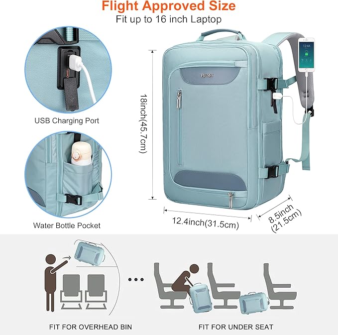 PIJUSHI Travel Backpack for Women Flight Approved Carry on Bag 16 inch Laptop Personal Item Daypack with Shoe Compartment(PE038 Blue)