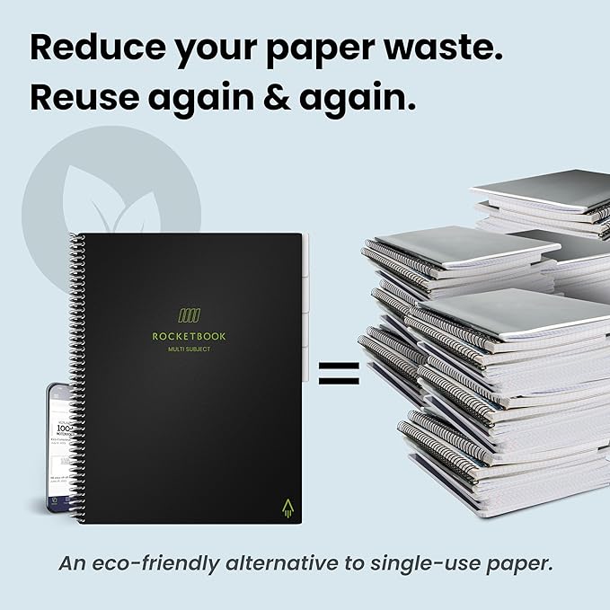 Rocketbook Multi-Subject Reusable Smart Notebook | Eco-Friendly, Digitally Connected Notebook with Dividers | Lined, 8.5” x 11”, 70 PG, Black, with Pen, Cloth, and App Included