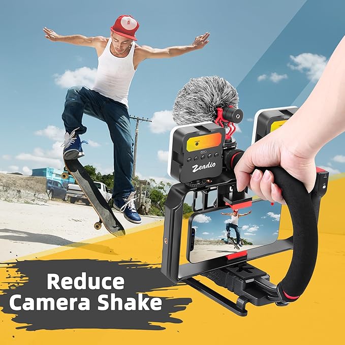 Zeadio Smartphone Camera Stabilizer Kit, Portable Handle Grip Handheld Video Rig with RGB Video Light and Microphone, Fits for All Camcorder, Camera, DSLR and All iPhone and Android Smartphones