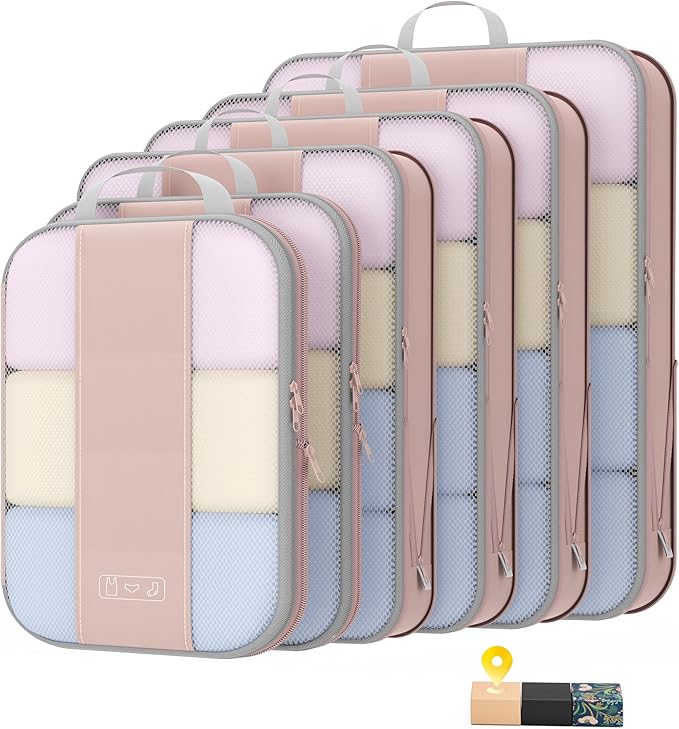 6 Set Compression Packing Cubes for Travel Essentials,Compressible Expandable Packing Cubes for Suitcase,OlarHike Luggage Organizer Bags for Travel,Handy Helper for Organizing Clothes(Beige)