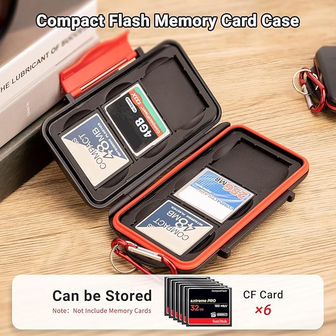 Kiorafoto 6 CF Card Slots Professional Water-Resistant Anti-Shock Compact Flash Card Holder Case Storage Compact Flash Memory Card Protector Wallet with Carabiner